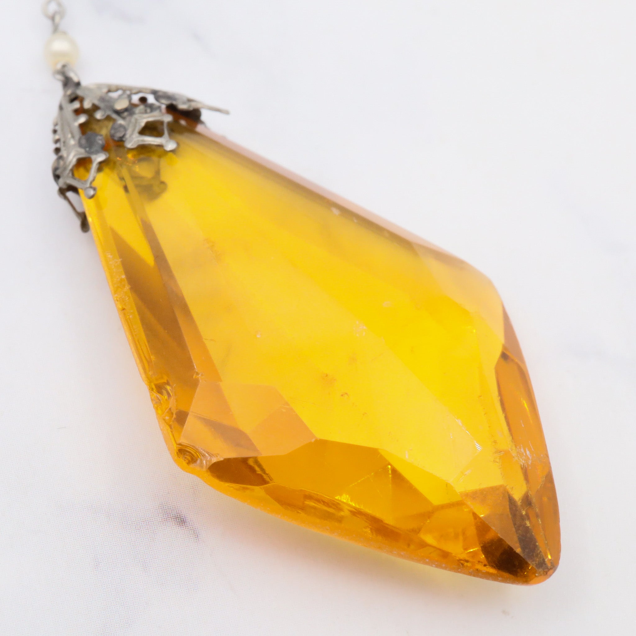 Antique German art deco sterling, amber glass & pearl necklace, 29"